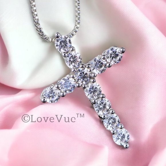 4mm Diamond Brilliant Cut Cross Pendant Necklace - Picture 1 of 17